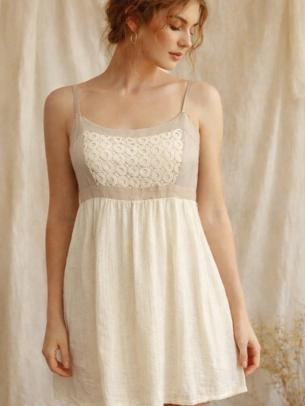 Anthropologie Cream & Gold Lace-Panel Mini Dress